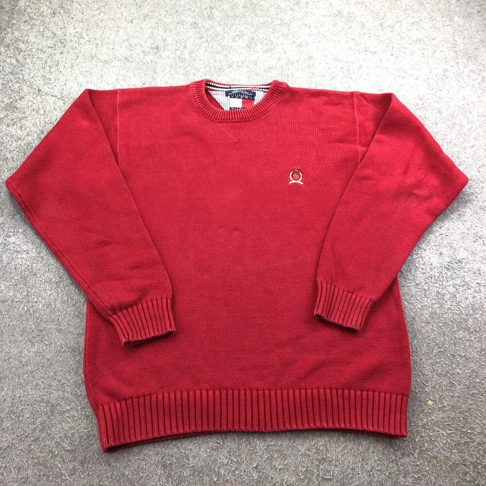 Vintage Tommy Hilfiger Sweater Mens Large Red Cotton Knit Crewneck Chest Logo